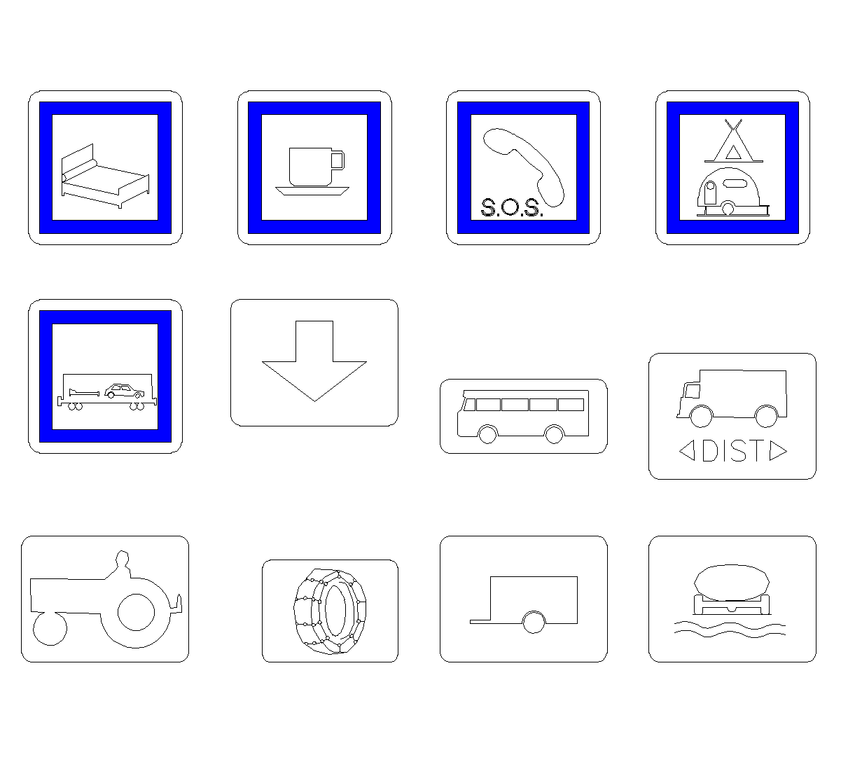 Hotel, SOS, transit and heavy-vehicle signs DWG CAD Block